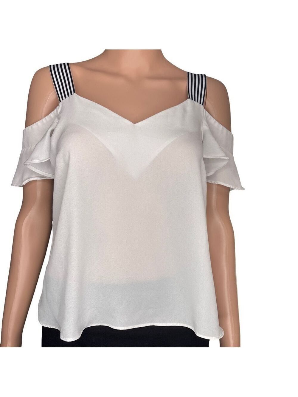 Forever 21 Ivory Cold Shoulder V-Neck Blouse with Black Striped Straps Small